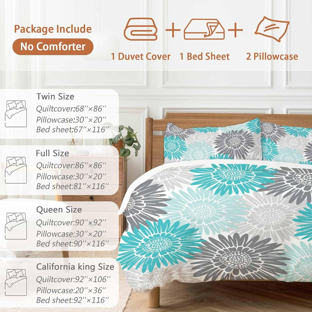 Turquoise Gray Sunflowers Duvet Cover Set Queen Size 4 Pieces Abstract Blooming Floral Rustic Bedding Set with Zipper Closure, 1 Comforter Cover 86x86 Inches 1 Flat Sheet & 2 Pillow Cases