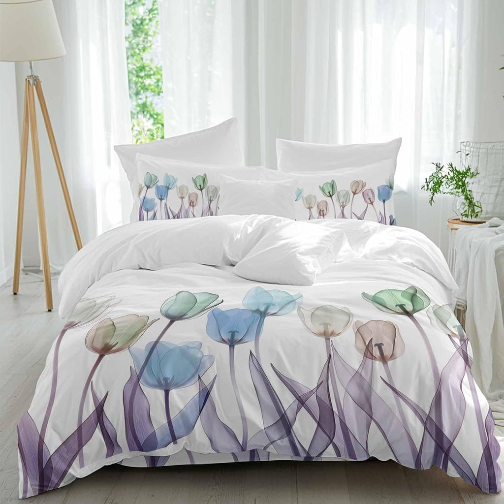 Prime Leader Spring Floral Duvet Cover Set Queen Size 4 Pieces Watercolor Purple Tulip Flowers Pattern Bedding Set with Zipper Closure, 1 Comforter Cover 92x106 Inches 1 Flat Sheet & 2 Pillow Cases