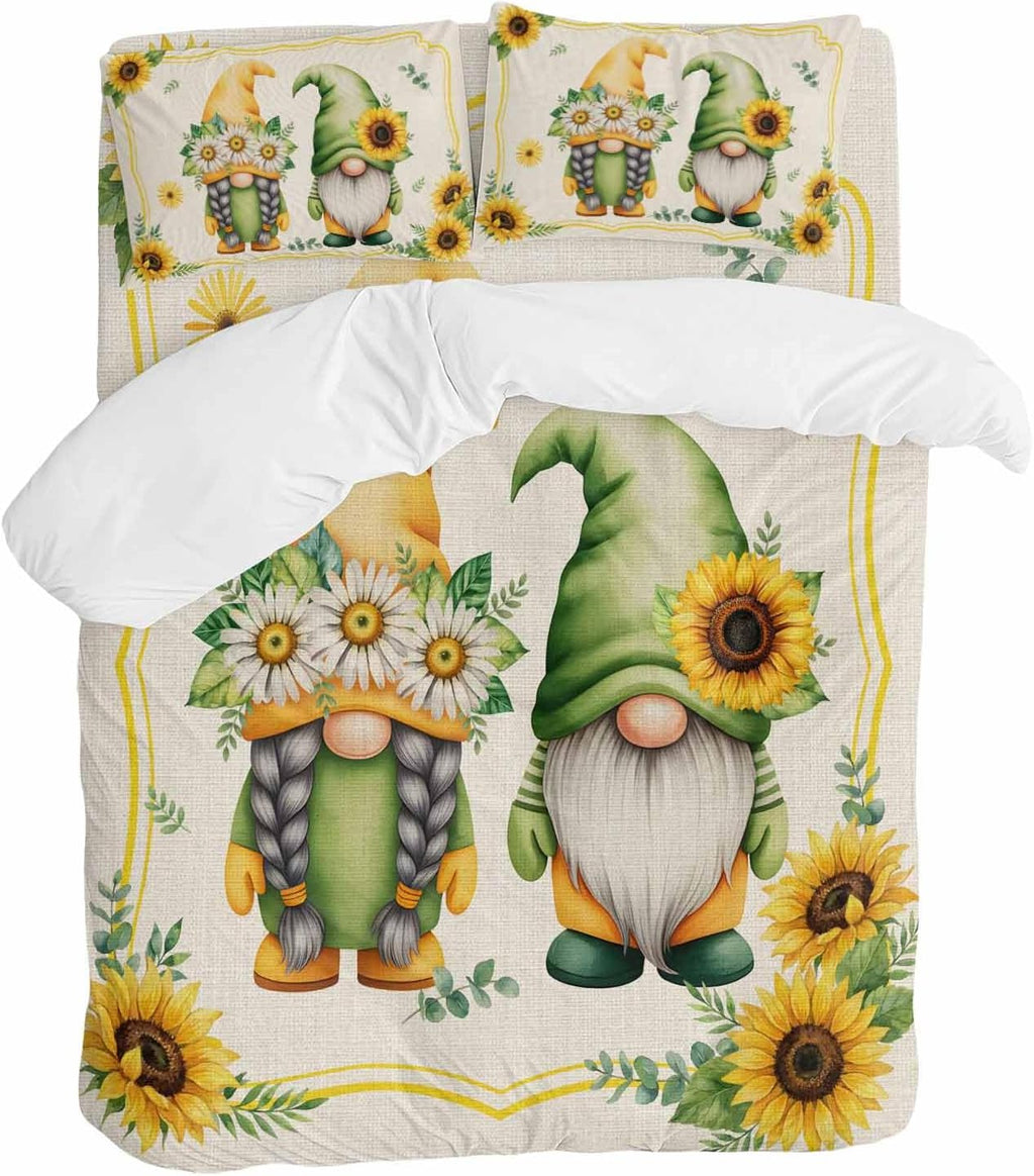 Prime Leader Summer Dwarfs Duvet Cover Set Queen Size 4 Pieces Yellow Sunflower Daisy Field Plant Vintage Bedding Set with Zipper Closure, 1 Comforter Cover 90x92 Inches 1 Flat Sheet & 2 Pillow Cases