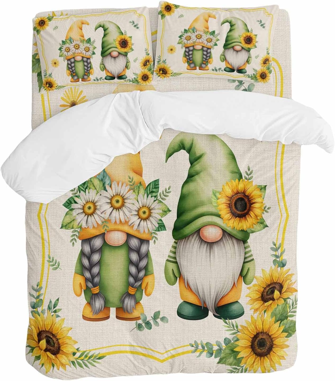Prime Leader Summer Dwarfs Duvet Cover Set Queen Size 4 Pieces Yellow Sunflower Daisy Field Plant Vintage Bedding Set with Zipper Closure, 1 Comforter Cover 90x92 Inches 1 Flat Sheet & 2 Pillow Cases