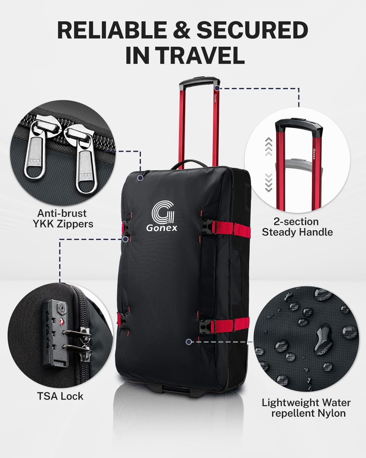 Gonex Rolling Duffle Bag with Wheels, Water-repellent 90L Nylon Large Wheeled Travel Duffel Luggage with TSA Lock & Telescopic Handle 30 inch, Black & Red