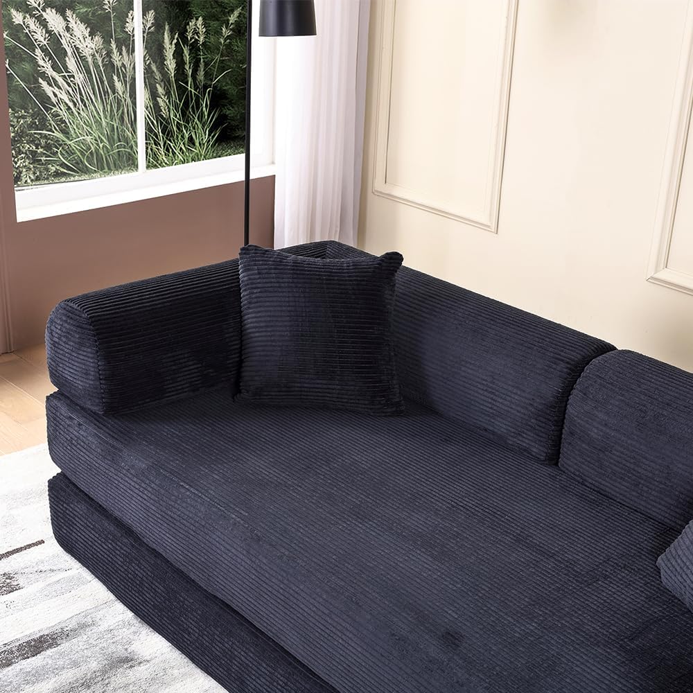 WILLIAMSPACE 77.9' Modern Loveseat Sofa Fold-Out Sofa Bed, Convertible Chair Floor Couch with Removable Backrest, Comfy Sofa Folding Mattress Couch Bed for Living Room, Bedroom, Corduroy, Black