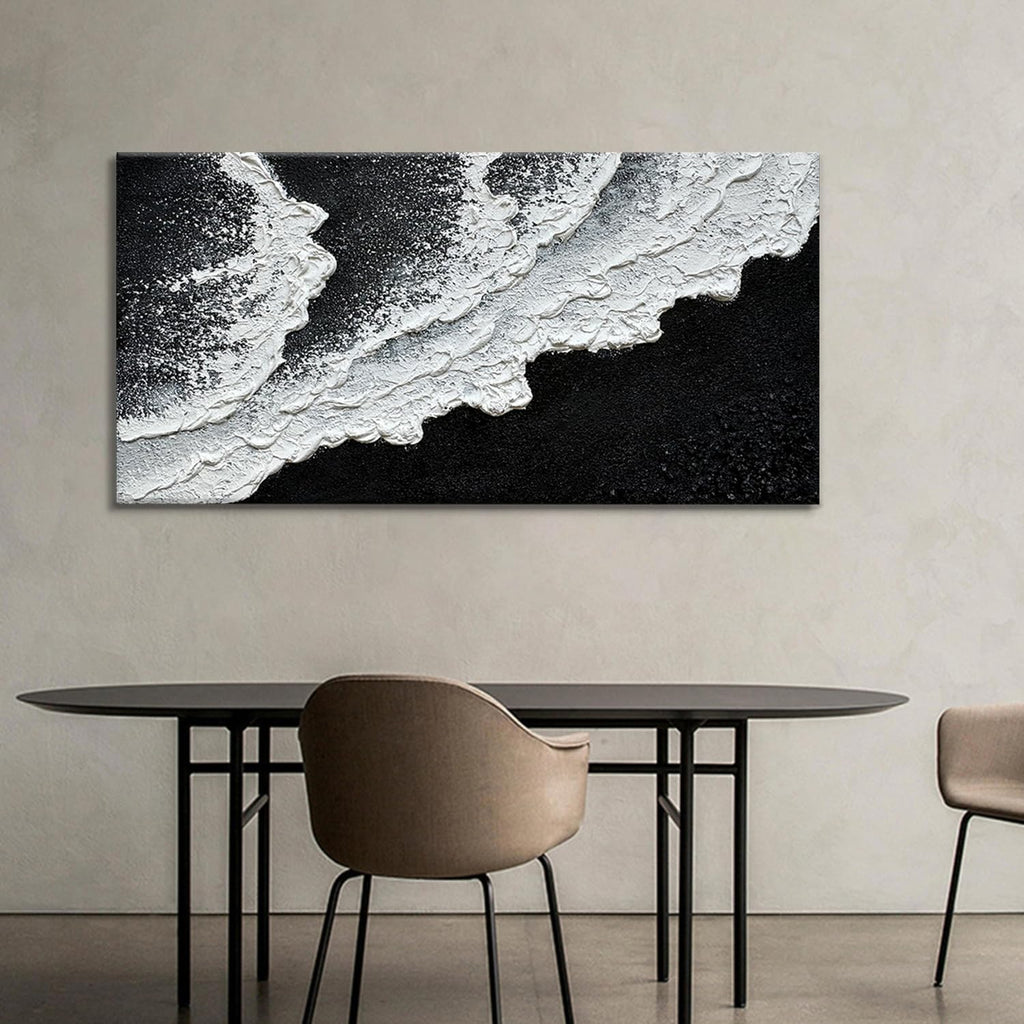 Black and White Beach Wave Textured Wall Art 3D Oil Painting Hand Painted Abstract Large Canvas Framed 29x58 Inch Acrylic Painting