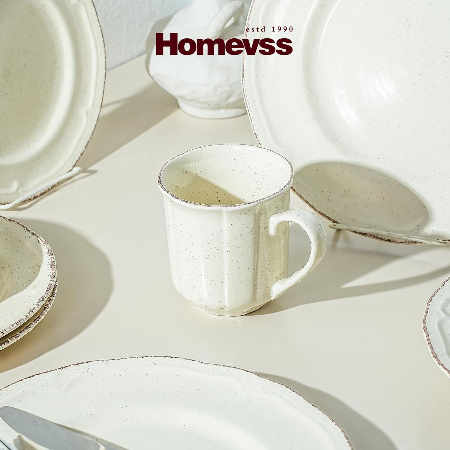 56pc Dinnerware Set, Plate and Bowl Set, Stoneware Dishes Set for 8, Microwave and Dishwahser Safe, Scratch Resistant, French Countryside Speckled Antique Cream