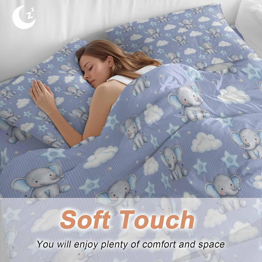 Blue Dreamy Elephant Duvet Cover Set Queen Size 4 Pieces Cartoon Animal Cloud Stars Fairytale Style Bedding Set with Zipper Closure, 1 Comforter Cover 90x92 Inches 1 Flat Sheet & 2 Pillow Cases