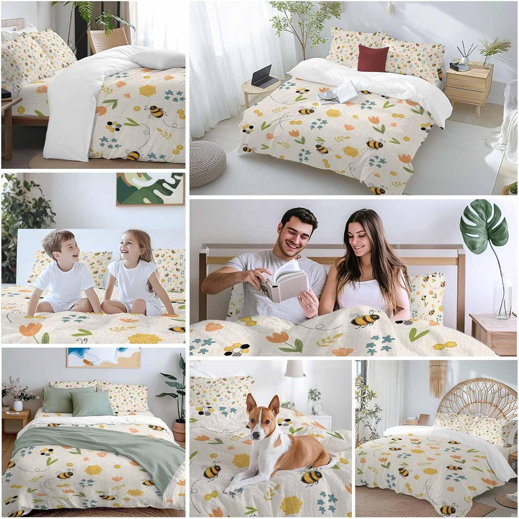 Spring Duvet Cover Set Queen Size 4 Pieces Cartoon Flower Farm Plants Watercolor Bee Yellow Honey Retro Bedding Set with Zipper Closure, 1 Comforter Cover 90x92 Inches 1 Flat Sheet & 2 Pillow Cases