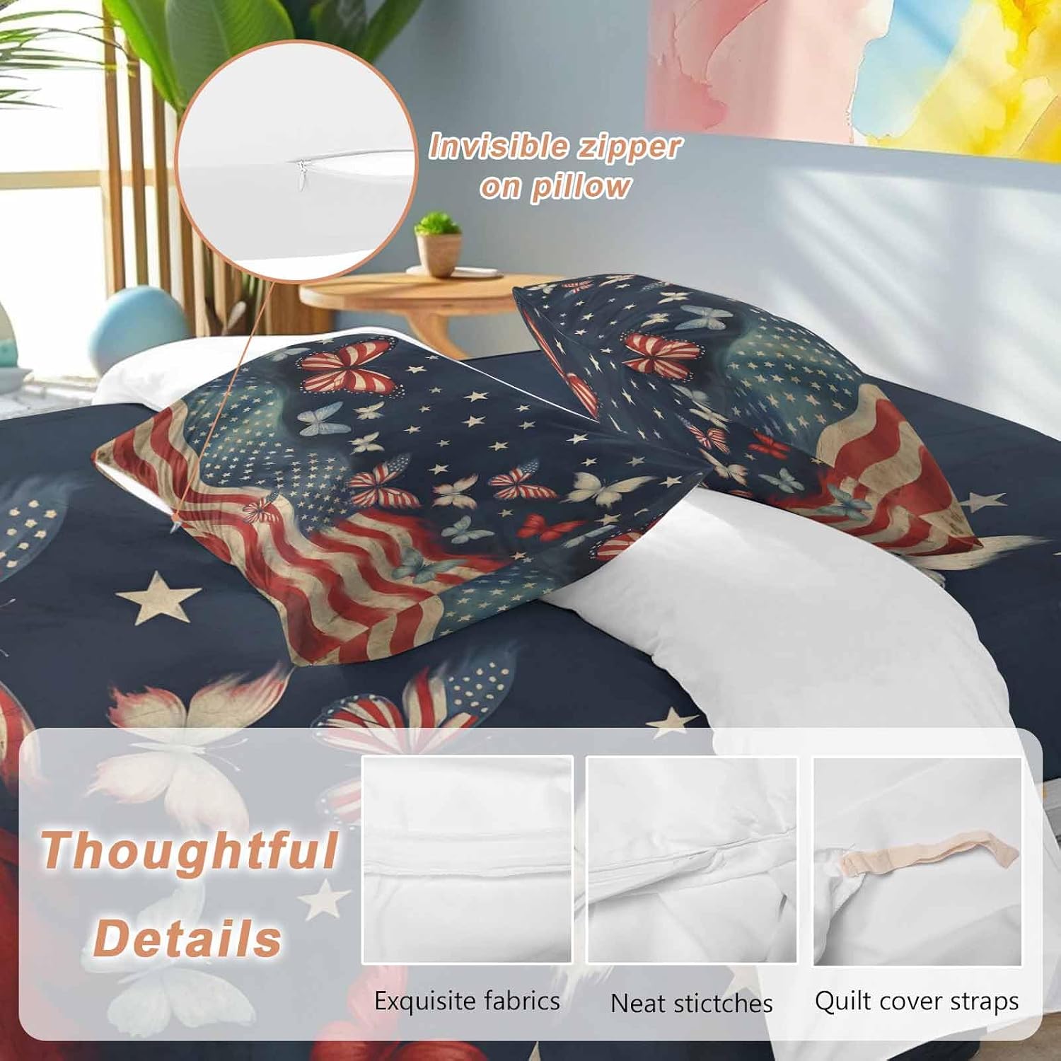4th of July Duvet Cover Set Queen Size 4 Pieces Independence Day Patriotic Butterfly American Flag Bedding Set with Zipper Closure, 1 Comforter Cover 92x106 Inches 1 Flat Sheet & 2 Pillow Cases