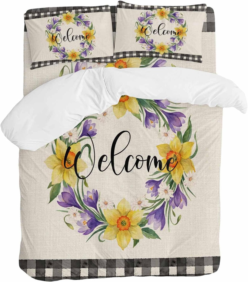 Welcome Duvet Cover Set Queen Size 4 Pieces Vintage Purple Yellow Floral Wreath Linen Texture Bedding Set with Zipper Closure, 1 Comforter Cover 86x86 Inches 1 Flat Sheet & 2 Pillow Cases