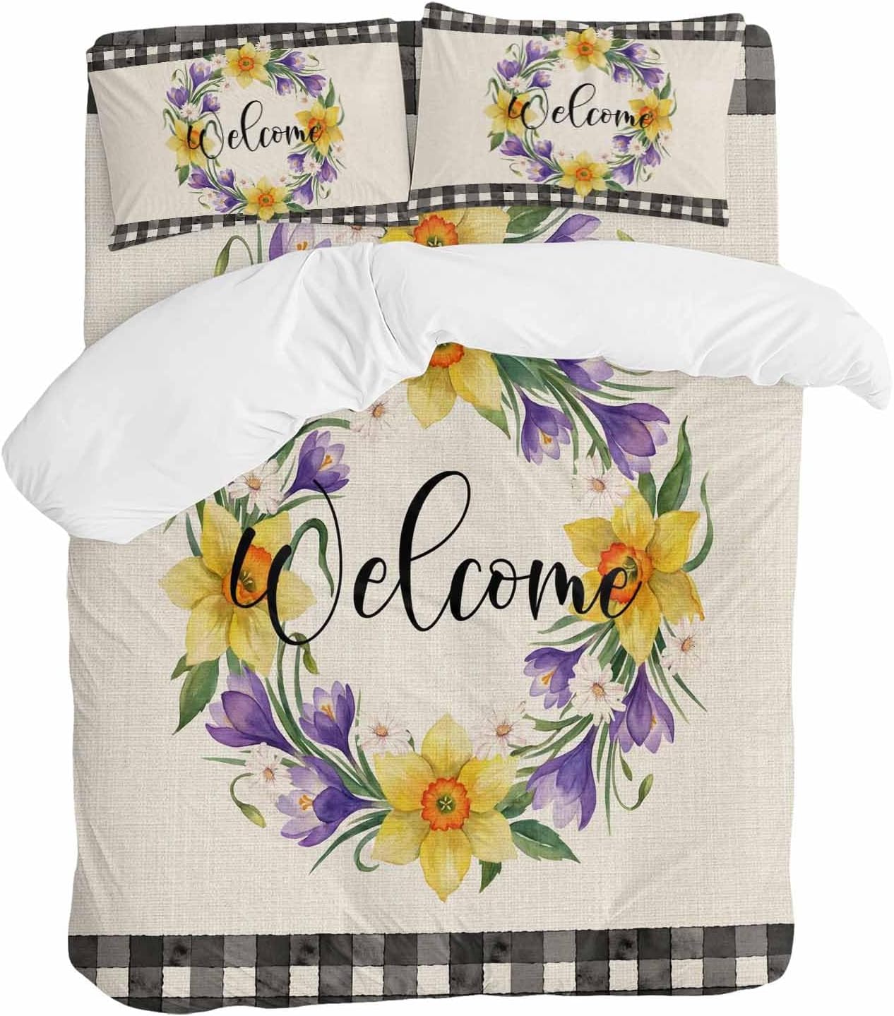 Welcome Duvet Cover Set Queen Size 4 Pieces Vintage Purple Yellow Floral Wreath Linen Texture Bedding Set with Zipper Closure, 1 Comforter Cover 86x86 Inches 1 Flat Sheet & 2 Pillow Cases
