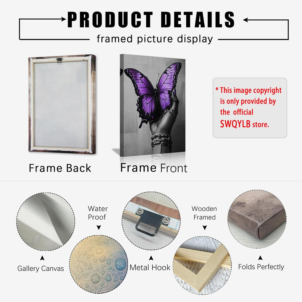 SWQYLB African American Canvas Wall Art Black Woman Hand and Butterfly Picture Black Girl Painting Abstract Women Poster Prints Afro Art Wall Decor for Bedroom (Purple, 42L x 28W)