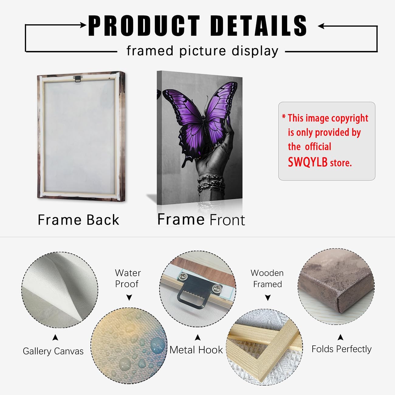 SWQYLB African American Canvas Wall Art Black Woman Hand and Butterfly Picture Black Girl Painting Abstract Women Poster Prints Afro Art Wall Decor for Bedroom (Purple, 42L x 28W)