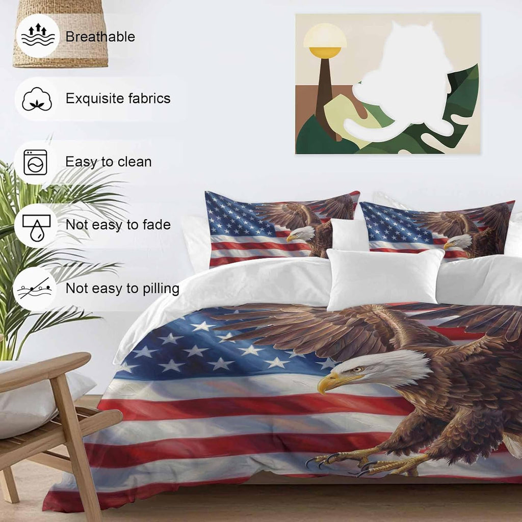 Independence Day Duvet Cover Set Queen Size 4 Pieces Watercolor U. S. Flag Soaring Bald Eagle Bedding Set with Zipper Closure, 1 Comforter Cover 90x92 Inches 1 Flat Sheet & 2 Pillow Cases