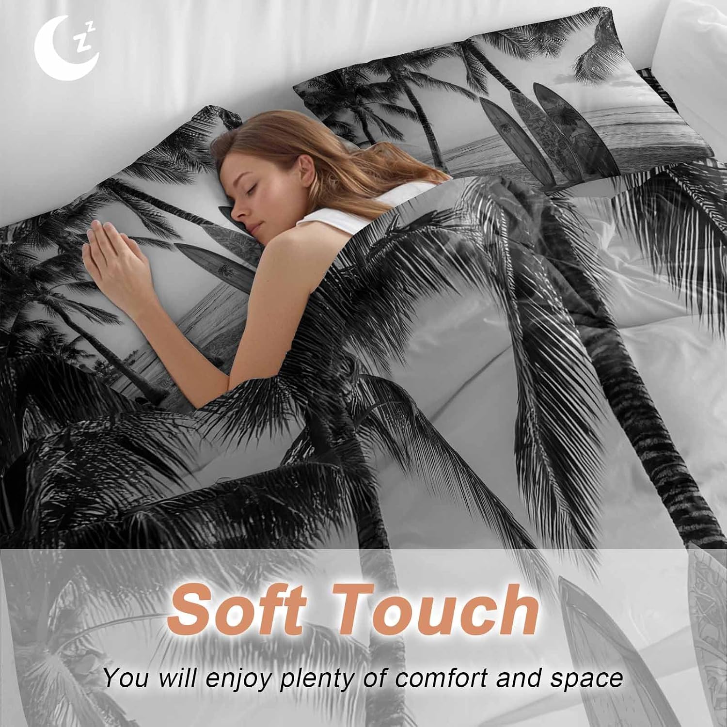Summer Beach Surf Duvet Cover Set Queen Size 4 Pieces Palm Trees Black And White Surfboard Seaside Bedding Set with Zipper Closure, 1 Comforter Cover 90x92 Inches 1 Flat Sheet & 2 Pillow Cases