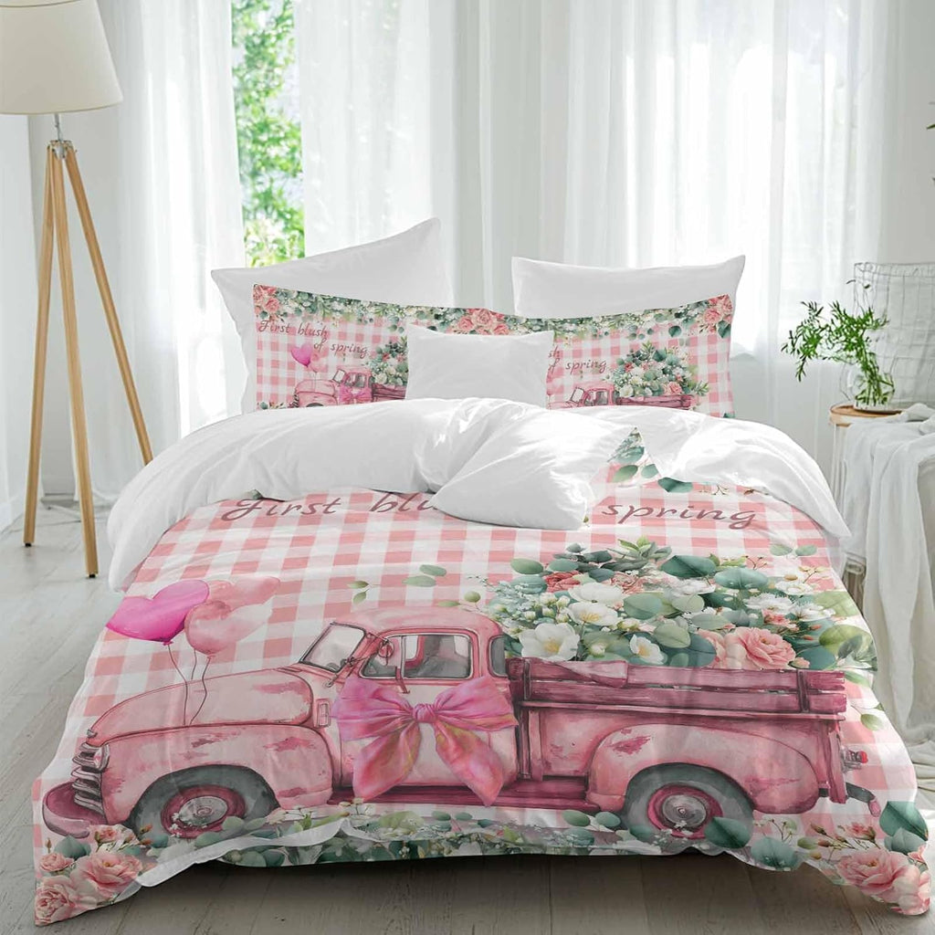 Prime Leader Pink Truck Flowers Duvet Cover Set Queen Size 4 Pieces Spring Rose Green Leaf Pink Plaid Bedding Set with Zipper Closure, 1 Comforter Cover 90x92 Inches 1 Flat Sheet & 2 Pillow Cases
