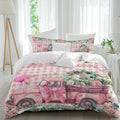 Prime Leader Pink Truck Flowers Duvet Cover Set Queen Size 4 Pieces Spring Rose Green Leaf Pink Plaid Bedding Set with Zipper Closure, 1 Comforter Cover 90x92 Inches 1 Flat Sheet & 2 Pillow Cases