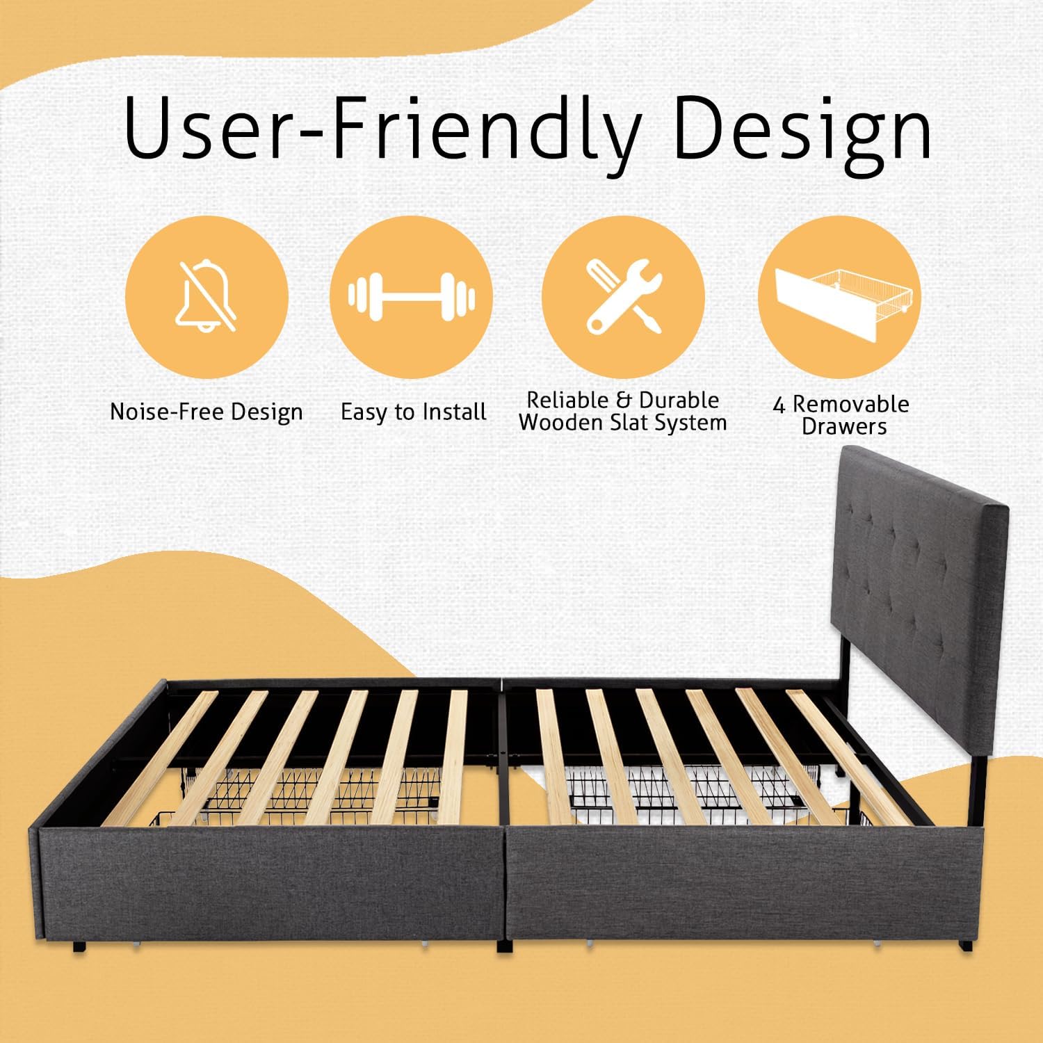 SHA CERLIN Upholstered King Size Platform Bed Frame with 4 Storage Drawers, Adjustable Headboard with Square Stitched Button Tufted Design, Wooden Slat Support, No Box Spring Needed, Dark Grey