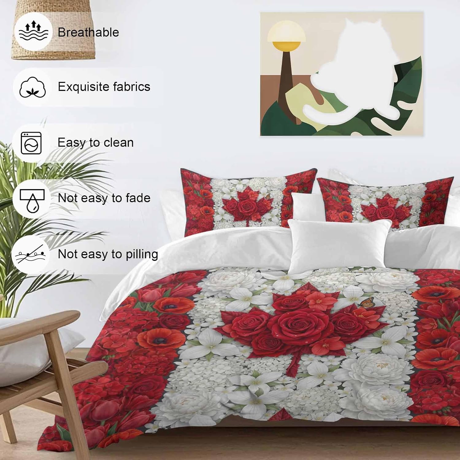 Prime Leader Floral Duvet Cover Set Queen Size 4 Pieces Watercolor White Red Flowers Canada Flag Style Bedding Set with Zipper Closure, 1 Comforter Cover 86x86 Inches 1 Flat Sheet & 2 Pillow Cases