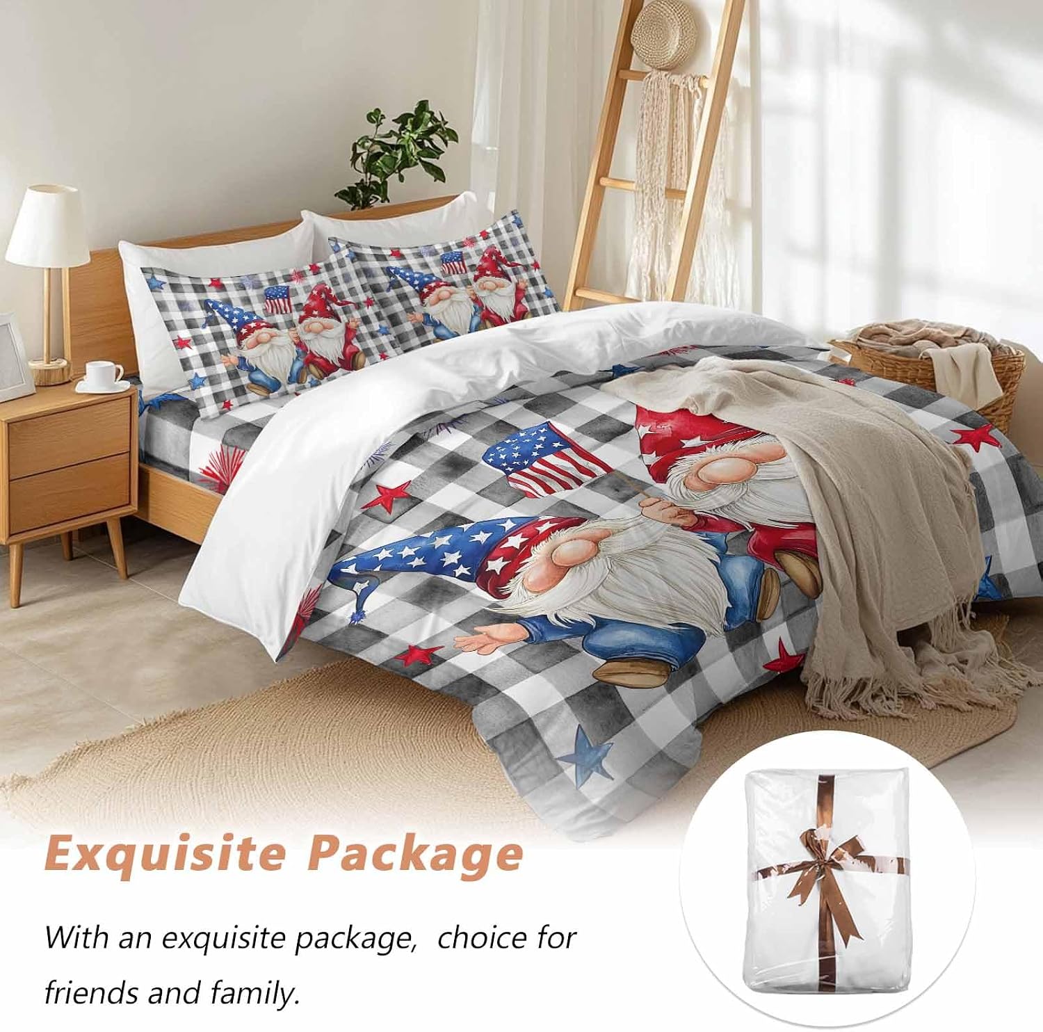 Prime Leader Independence Day Duvet Cover Set Queen Size 4 Pieces Patriotic Gnomes USA Flag Black Plaid Bedding Set with Zipper Closure, 1 Comforter Cover 86x86 Inches 1 Flat Sheet & 2 Pillow Cases