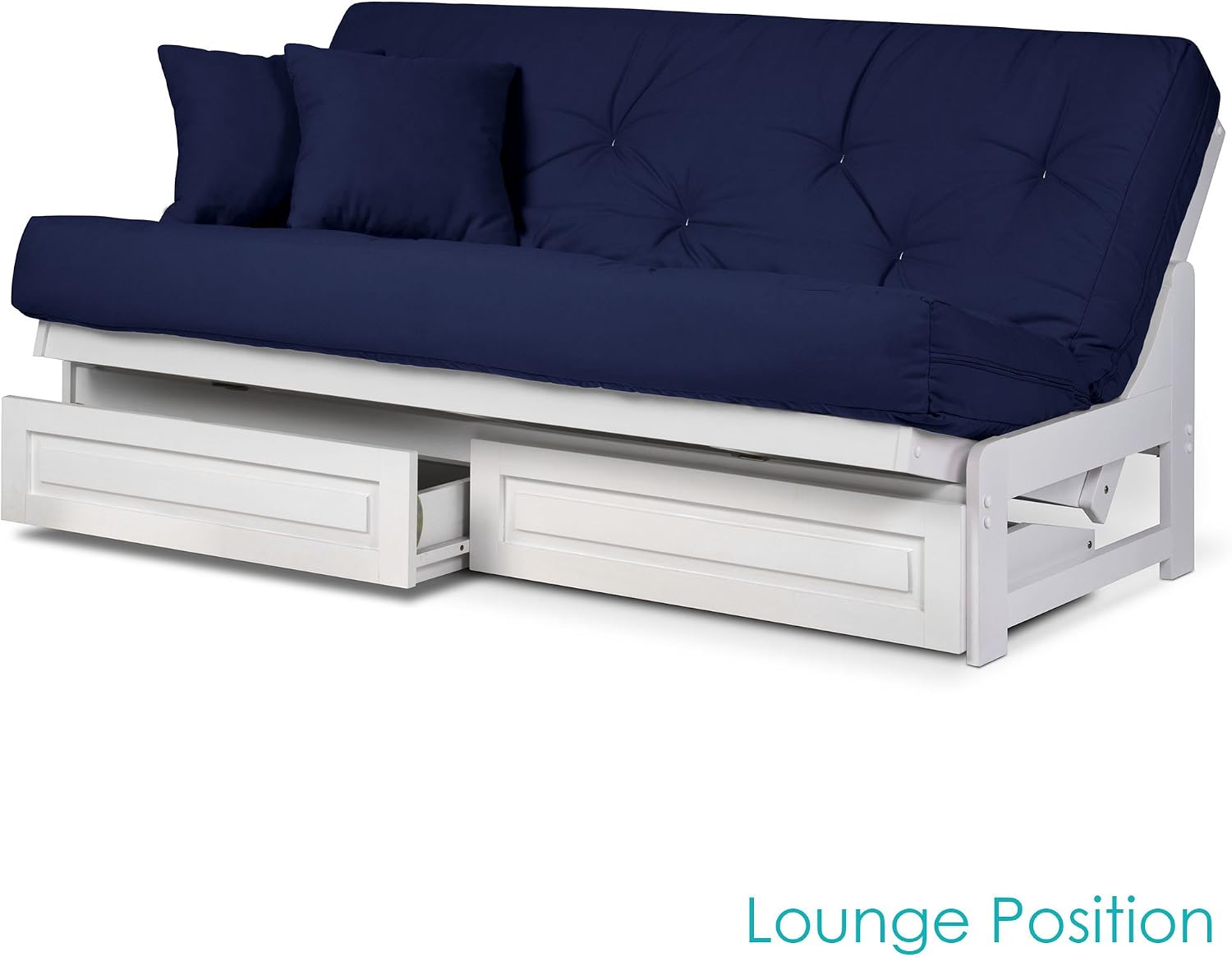 Nirvana Futons Arden White Futon with Storage Drawers Queen Size - Minimalist Armless Design with 8 Inch Comfortable Mattress (Twill Navy Blue), Sofa Bed Available in