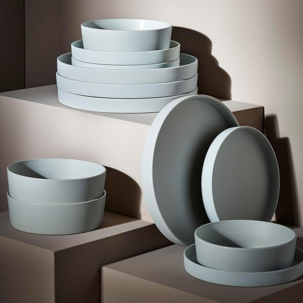 Stone by Mercer Project MODAN 24-Piece Stoneware Dinnerware Set, Plates and Bowls Sets, Dish Set for 8, Blue-Grey
