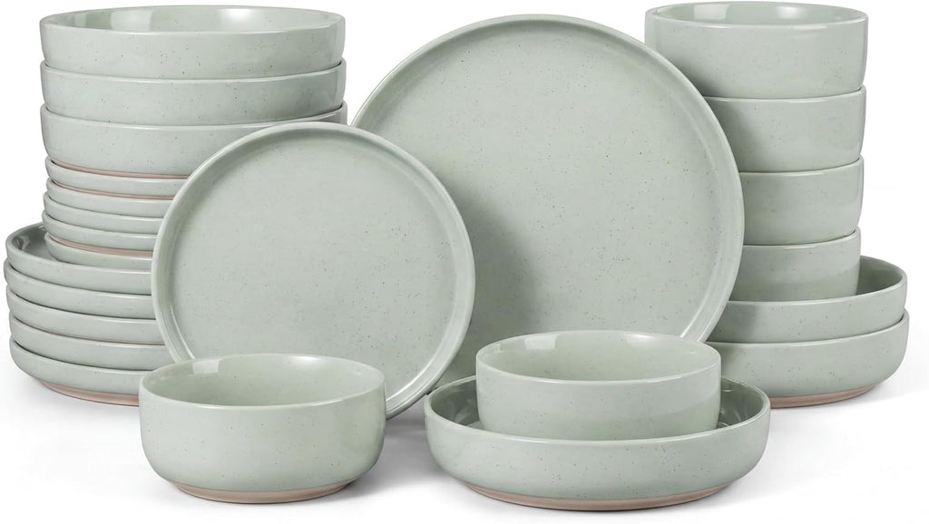 HaWare 24-Piece Plates and Bowls Set for 6, Stoneware Dinnerware Sets with Pasta Bowl, Dishes Set for Home Restaurant, Speckled Asparagus Green