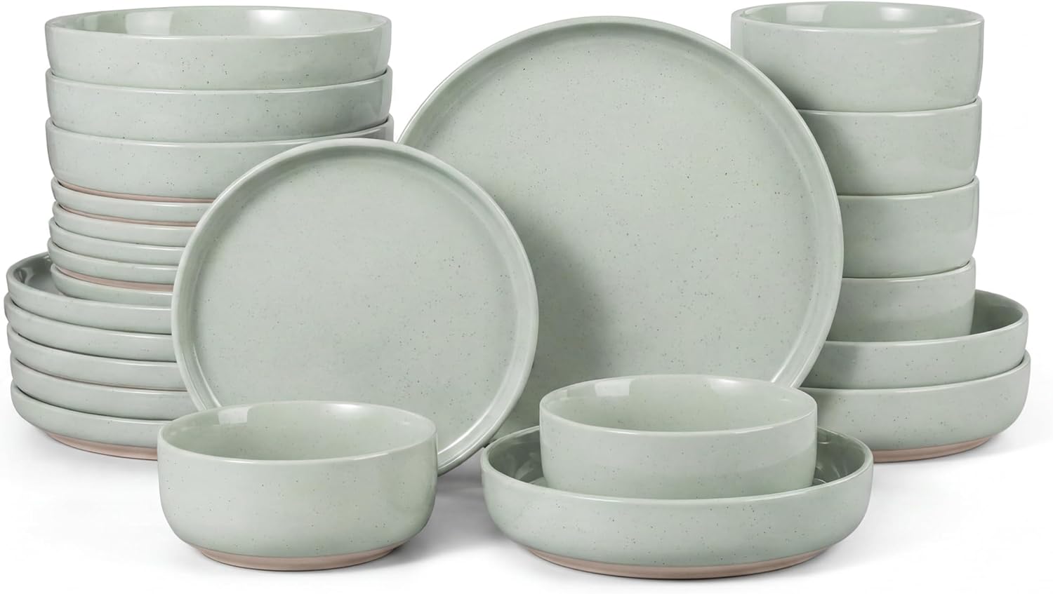 HaWare 24-Piece Plates and Bowls Set for 6, Stoneware Dinnerware Sets with Pasta Bowl, Dishes Set for Home Restaurant, Speckled Asparagus Green