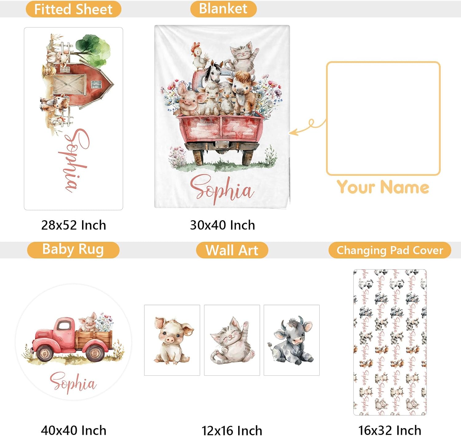 Terwex Custom Baby Crib Bedding Set, 5 Pcs Personalized Name Baby Crib Sets for Infant Toddler, Farm Animals Nursery Bedding Set for Boy Girl, Double Layer Flannel Baby Bedding Sets Customized Gifts