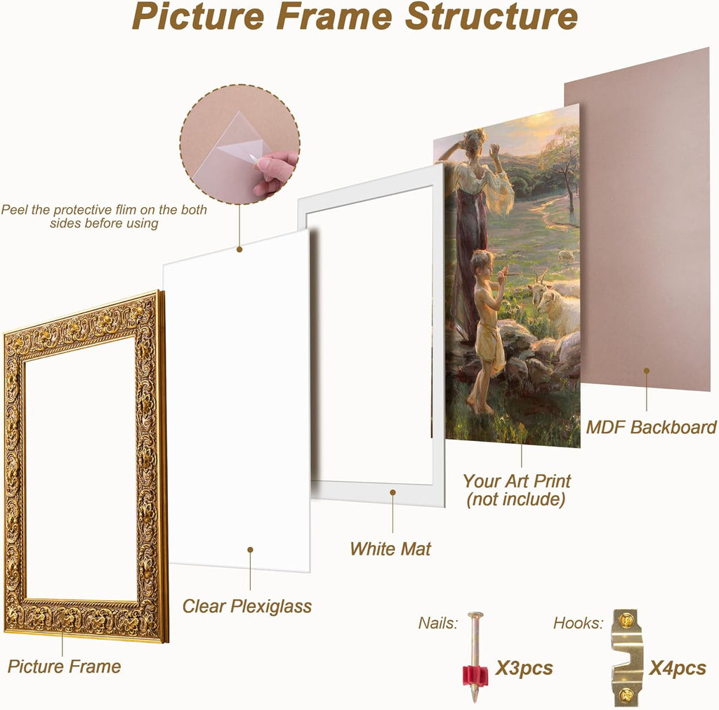 ArtXO A2 Picture Frame Wooden, Display Pictures A3 with Mat or A2 Without Mat, Wall Hanging Photo Frame, Vintage Poster Frame Gold