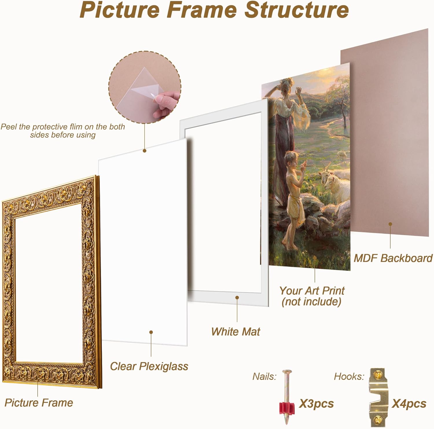 ArtXO A2 Picture Frame Wooden, Display Pictures A3 with Mat or A2 Without Mat, Wall Hanging Photo Frame, Vintage Poster Frame Gold