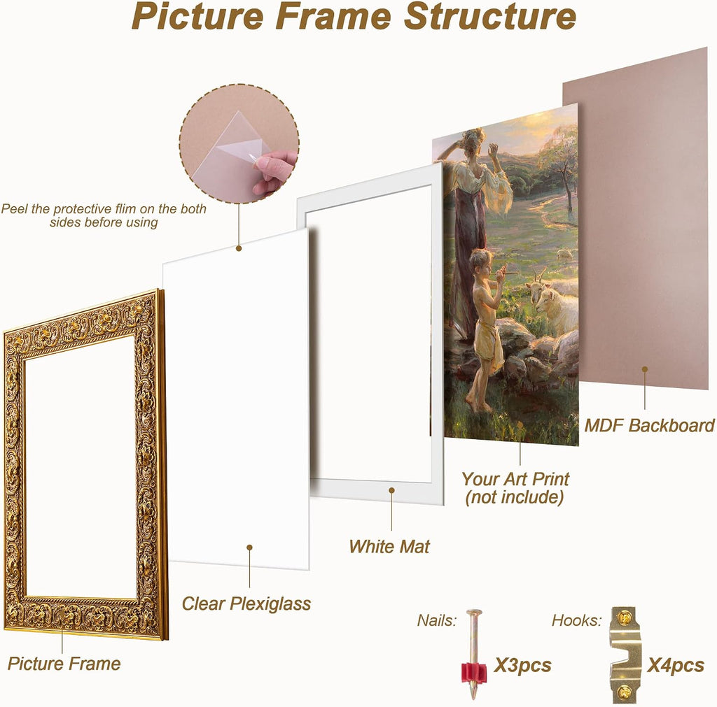 ArtXO 18x24 Picture Frame Gold, Display Pictures 16x20 with Mat or 18x24 Without Mat, Wall Hanging Photo Frame, Vintage Poster Frame Wooden