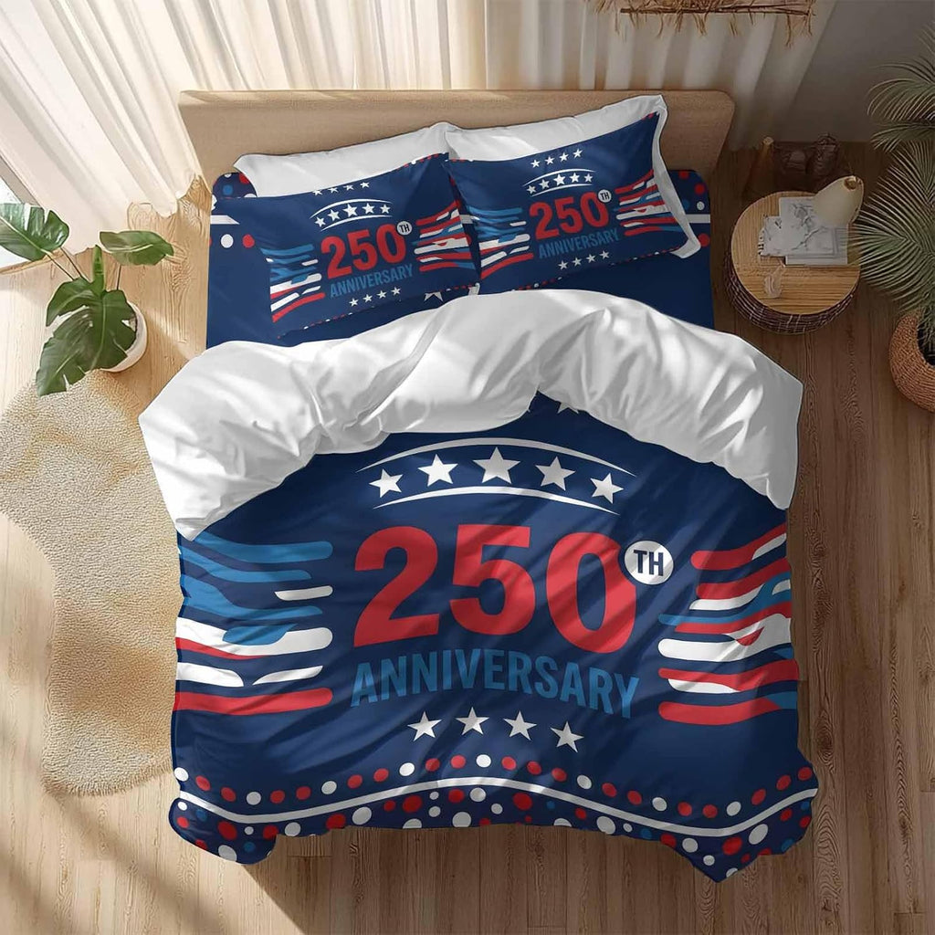 USA 250th Anniversary Duvet Cover Set Queen Size 4 Pieces Polka Dots Star Independence Day Navy Blue Bedding Set with Zipper Closure, 1 Comforter Cover 90x92 Inches 1 Flat Sheet & 2 Pillow Cases