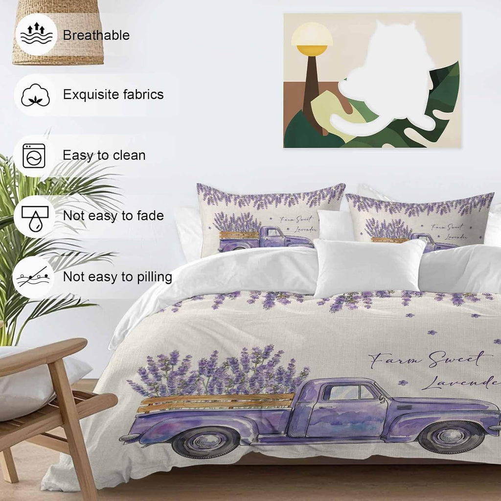 Purple Floral Duvet Cover Set Queen Size 4 Pieces Farm Sweet Lavender Truck Rustic Linen Texture Bedding Set with Zipper Closure, 1 Comforter Cover 86x86 Inches 1 Flat Sheet & 2 Pillow Cases