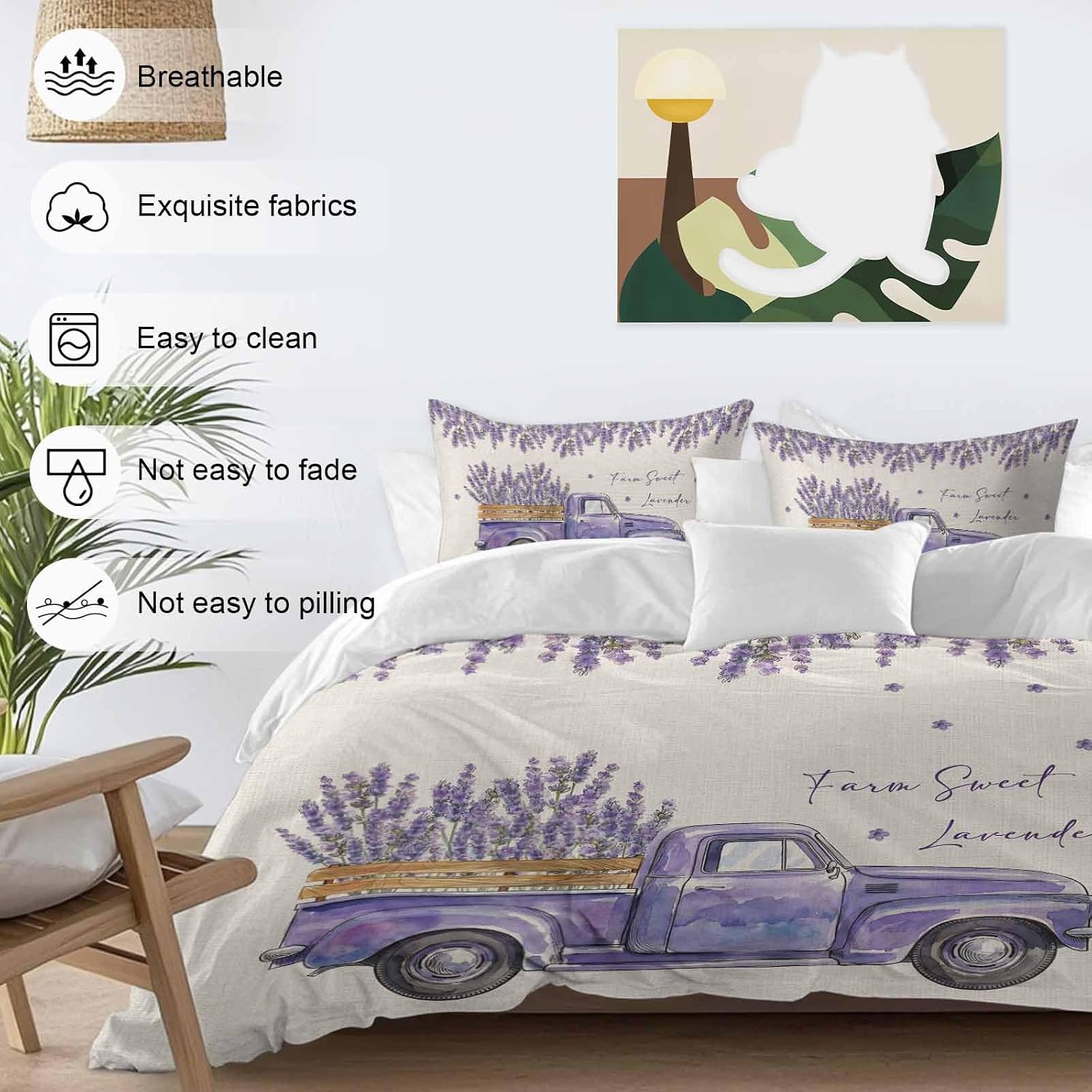 Purple Floral Duvet Cover Set Queen Size 4 Pieces Farm Sweet Lavender Truck Rustic Linen Texture Bedding Set with Zipper Closure, 1 Comforter Cover 86x86 Inches 1 Flat Sheet & 2 Pillow Cases