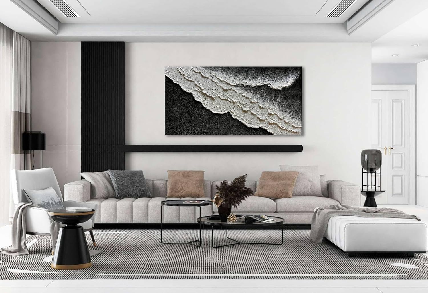 zoinart Hand Painted Large Textured Wall Art, 60x30 Inches Abstract Modern Ocean Wave Paintings, Black and White Beach Wall Art for Living Room Bedroom Wall Decor