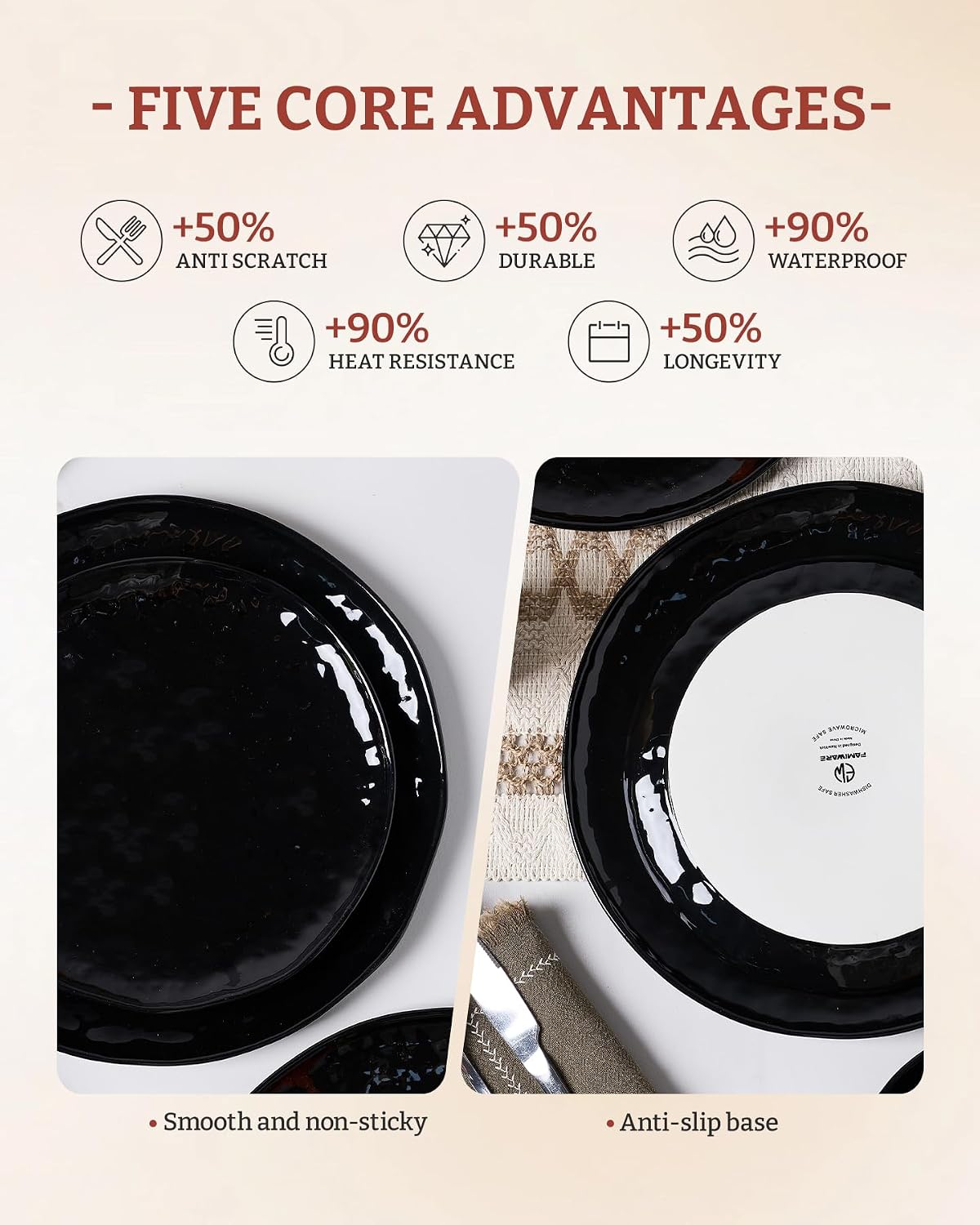 Famiware Porcelain kitchen plates and bowls set, Modern dishes set for 6, Handmade Wave Edge Dinnerware Sets, Microwave and Dishwasher Safe Tableware, Glossy-black (24pc)