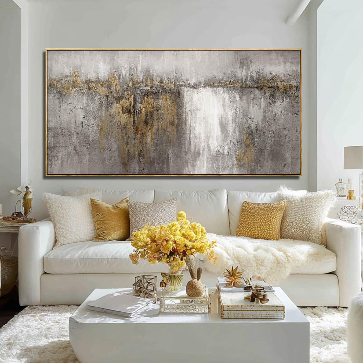 Neutral Canvas Arts Gold Wall Art Decor Framed Abstract Pictures Grey Prints Artwork for Living Room Bedroom Dining Room Home Office Decor 29'x58'