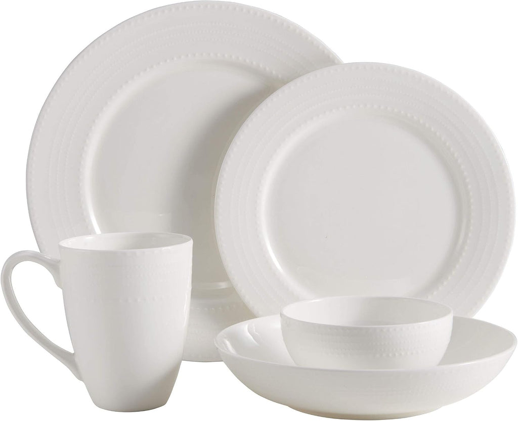 Mikasa Annabel Bone China Dinnerware Set, 40-Piece Service for 8, White Hobnail Detail, Dinner Plates, Salad Plates, Bowls and Mugs, Dishwasher and Microwave Safe