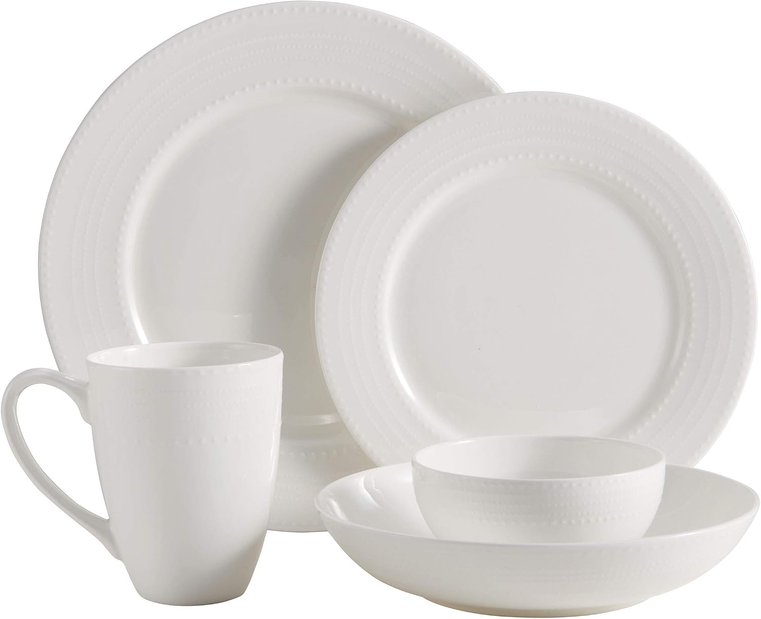 Mikasa Annabel Bone China Dinnerware Set, 40-Piece Service for 8, White Hobnail Detail, Dinner Plates, Salad Plates, Bowls and Mugs, Dishwasher and Microwave Safe