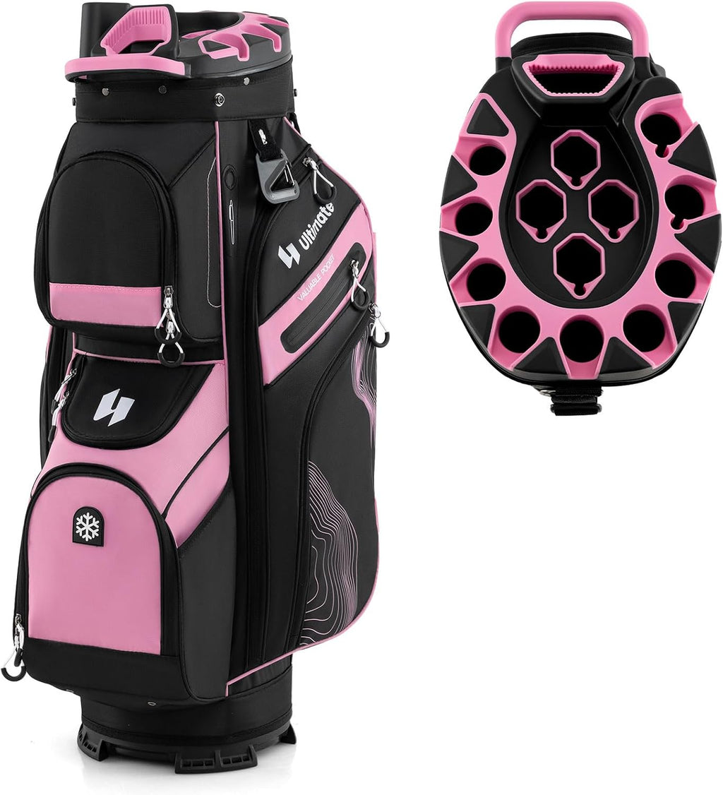 ULTIMATE 14-Way Golf Cart Bag, Golf Bag w/Molded Lock Top & Full Length Dividers, Portable Golf Club Bag w/11 Pockets, Cooler Bag, Padded Strap & Rain Hood for Men Women
