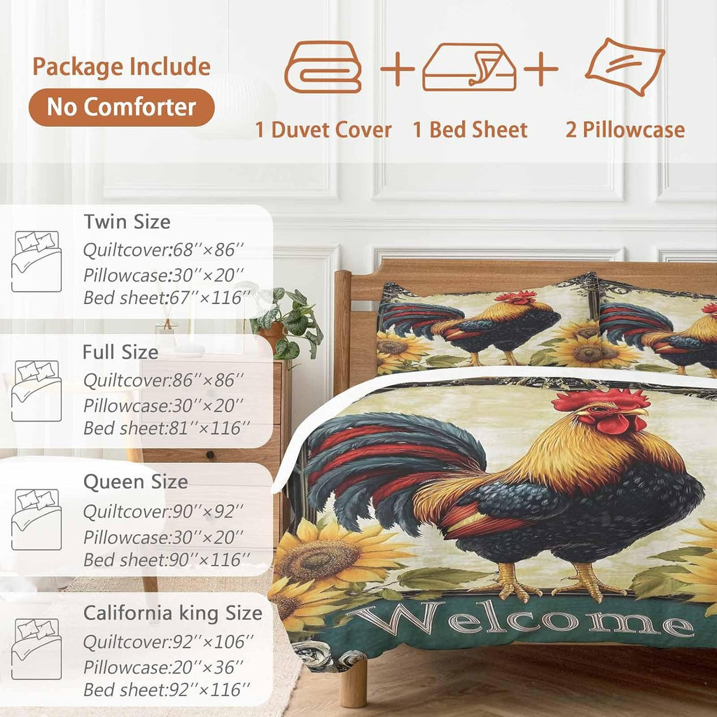 Rooster Chicken Duvet Cover Set Queen Size 4 Pieces Welcome Sunflower Watercolor Art Vintage Farm Bedding Set with Zipper Closure, 1 Comforter Cover 92x106 Inches 1 Flat Sheet & 2 Pillow Cases