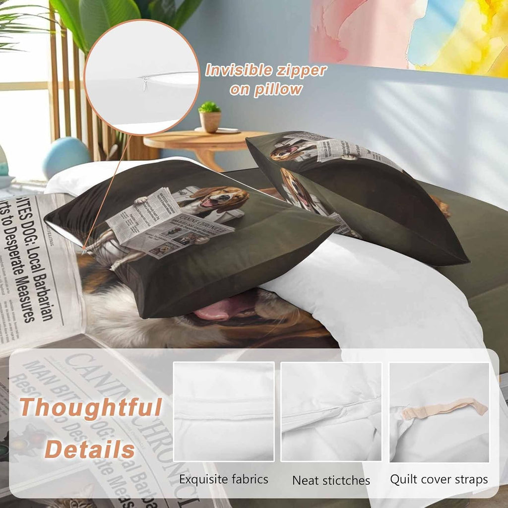 Prime Leader Funny Dog Puppy Duvet Cover Set Queen Size 4 Pieces Cute Beagle Cartoon Newspaper Toilet Bedding Set with Zipper Closure, 1 Comforter Cover 92x106 Inches 1 Flat Sheet & 2 Pillow Cases