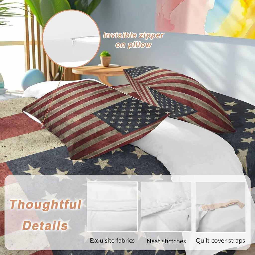 Vintage U.S. Flag Duvet Cover Set Queen Size 4 Pieces Red White Striped Star Independence Day Bedding Set with Zipper Closure, 1 Comforter Cover 86x86 Inches 1 Flat Sheet & 2 Pillow Cases