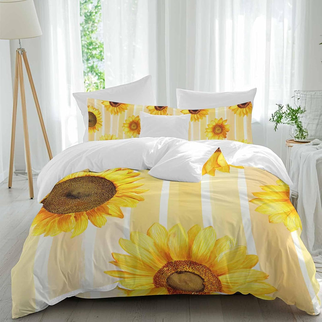Prime Leader Sunflower Duvet Cover Set Queen Size 4 Pieces Yellow Floral Yellow Watercolor Strip Summer Bedding Set with Zipper Closure, 1 Comforter Cover 90x92 Inches 1 Flat Sheet & 2 Pillow Cases