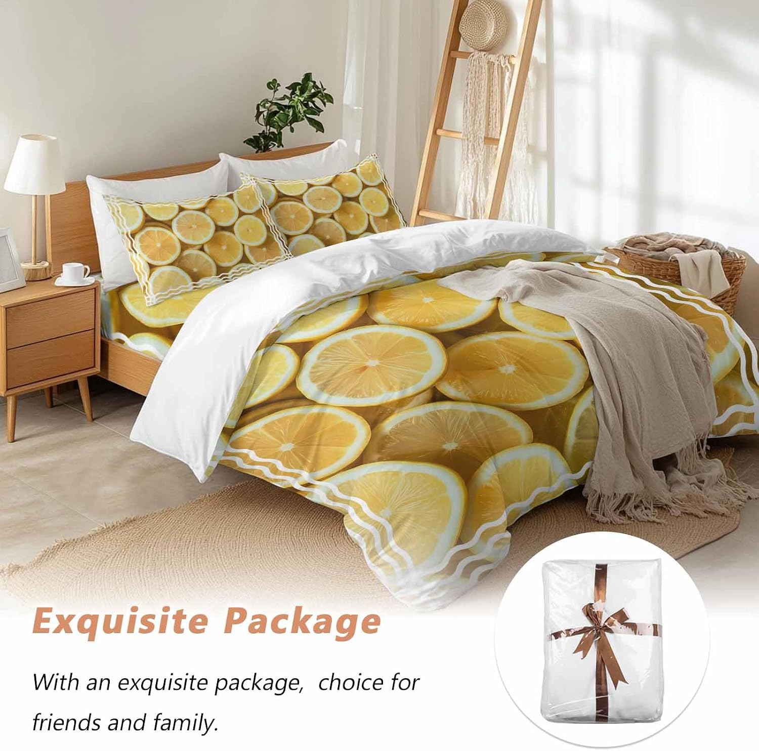 Yellow Lemon Duvet Cover Set Queen Size 4 Pieces Retro Country Watercolor Fruit Farmhouse Stripes Bedding Set with Zipper Closure, 1 Comforter Cover 92x106 Inches 1 Flat Sheet & 2 Pillow Cases