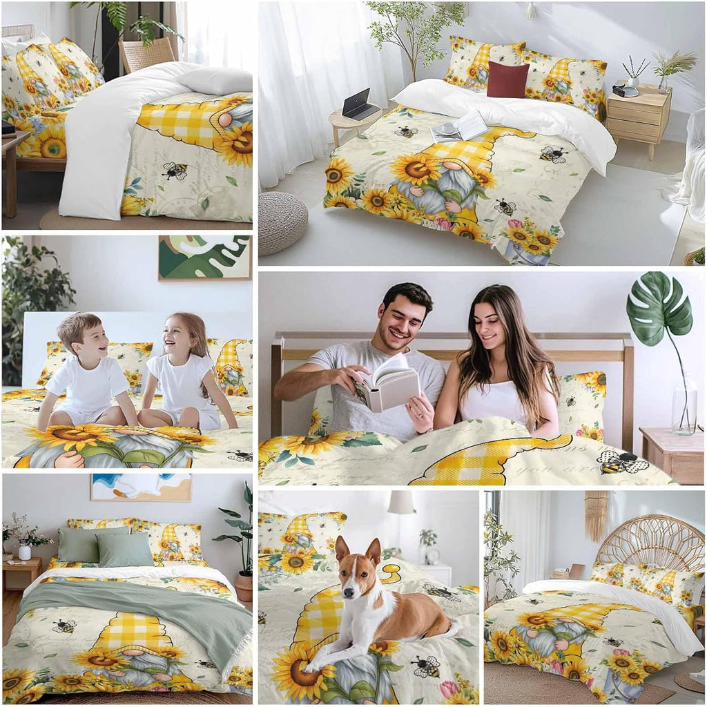 Prime Leader Sunflower Gnome Duvet Cover Set Queen Size 4 Pieces Bee Yellow Flower Leaf Spring Plant Farm Bedding Set with Zipper Closure, 1 Comforter Cover 86x86 Inches 1 Flat Sheet & 2 Pillow Cases