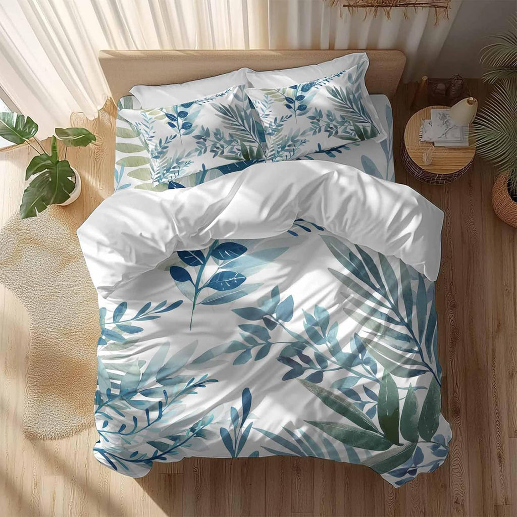 Spring Leaves Duvet Cover Set Queen Size 4 Pieces Watercolor Blue Green Leaf Plant Branch Bedding Set with Zipper Closure, 1 Comforter Cover 90x92 Inches 1 Flat Sheet & 2 Pillow Cases