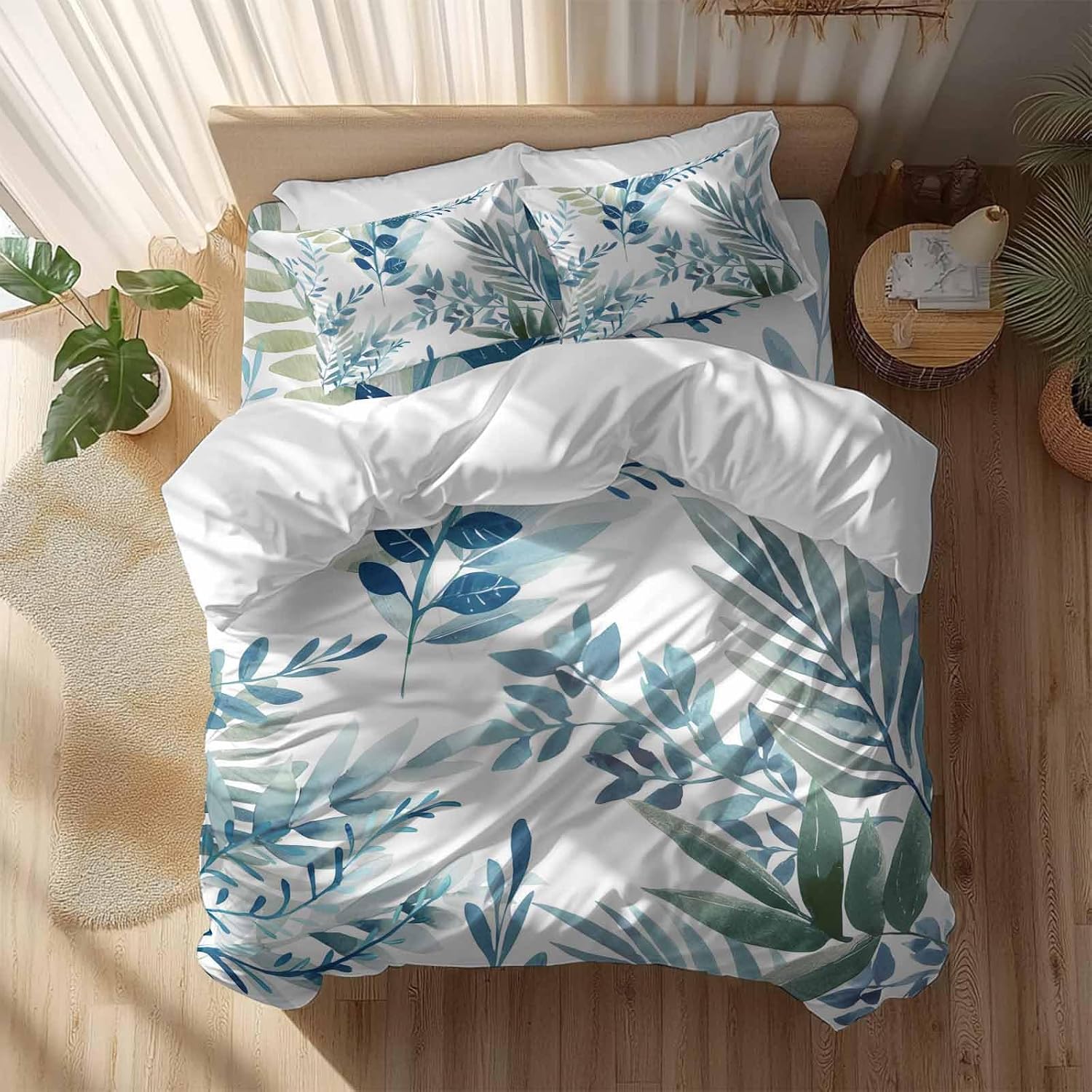 Spring Leaves Duvet Cover Set Queen Size 4 Pieces Watercolor Blue Green Leaf Plant Branch Bedding Set with Zipper Closure, 1 Comforter Cover 90x92 Inches 1 Flat Sheet & 2 Pillow Cases