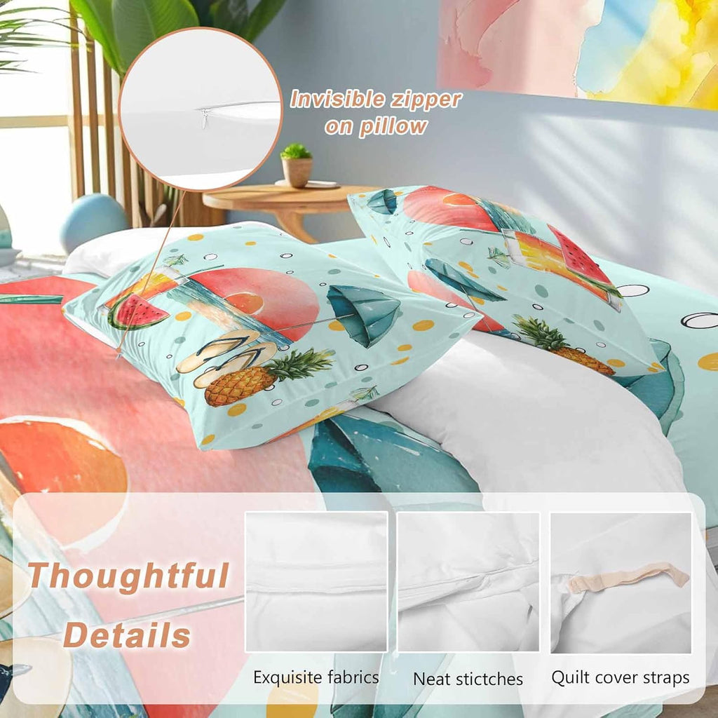 Summer Beach Duvet Cover Set Queen Size 4 Pieces Watermelon Pineapple Umbrella Polka Dot Blue Bedding Set with Zipper Closure, 1 Comforter Cover 90x92 Inches 1 Flat Sheet & 2 Pillow Cases