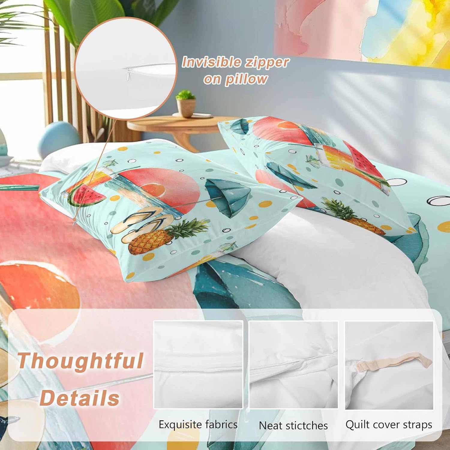 Summer Beach Duvet Cover Set Queen Size 4 Pieces Watermelon Pineapple Umbrella Polka Dot Blue Bedding Set with Zipper Closure, 1 Comforter Cover 86x86 Inches 1 Flat Sheet & 2 Pillow Cases