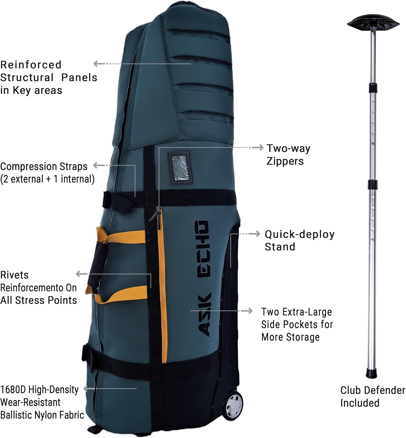 ASK ECHO Locklink StableRoller Golf Travel Bag with 4-Wheel Rolling System, Extendable Support Stand Legs